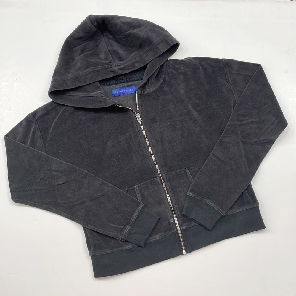Aeropostale black velour zip up jacket with hood